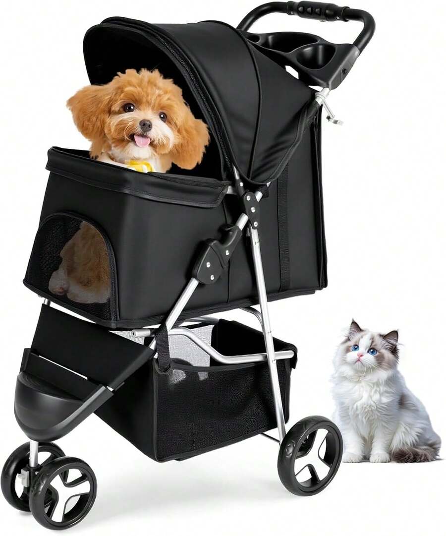 2026-NEW:, Carriola para Mascotas con Cesta de Almacenamiento y Portavasos, Carriola para Gatos con Función de Freno, Carriola para Perritos, Gato y Conejo (Negro) - Negro - Ver 1