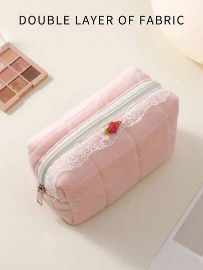 1pc Pink Octagonal Lace Trim Cute Floral Makeup Bag, Suitable For Halloween, Trick Or Treat Occasions, Fashion Casual Large Capacity Portable Zipper Makeup Bag, Travel Stationery Storage Bag, Vacation Essential Makeup Bag