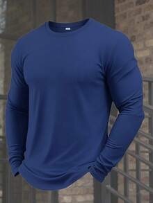 Men's Muscle Fit Royal Blue Long Sleeve Crew Neck All-Match T-Shirt, Minimalist Sporty Street Style, Versatile Solid Color Top - Navy Blue - View 4