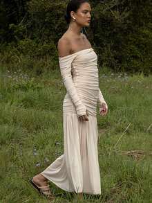 Damenmode Off-Shoulder langärmliges figurbetontes Kleid, Herbst/Winter Mesh transparentes Kleid, elegantes apricotfarbenes Cocktailparty-Abendkleid, sexy Outfit - Aprikosenfarben - Übersicht 8