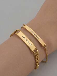 18K Gold Plated Stainless Steel Couple Bracelets, Men's Necklace, Women's Thin Chain, Customizable Brand Name, Valentine's Day Gift, Comes With Gift Box. Perfect As Valentine's Day Gift. Ideal Gift For Boyfriend, Girlfriend, Dad, Mom, Family, Friends, Pets, Grandparents, Son, Daughter, Also Suitable For Anniversary, Birthday, Daily Wear, Party - Multicolor - View 2
