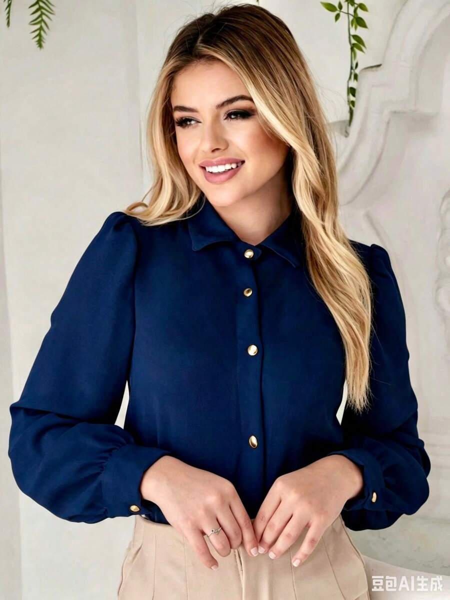 Women's Social Shirt With Long Sleeve Button Tendência Moda Super Shipping! ! - Marine - View 1