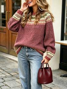 Nuovo maglione a maniche lunghe in lana casual da donna, autunno/inverno - Rosso - Visualizzare 2