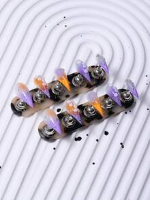 10er/Set handgefertigte Drachenkrallen Katzenpfoten Tierkrallen Press-On Nägel, Y2K Stil handbemalte französische orange-violette Farbverlauf 3D geschnitzt feiner Glitzer Strass, frisch verträumt, inklusive 1 Stück Stücke/ Gelee-Kleber und 1 Stück Stücke/ Nagelfeile, geeignet für tägliche und Party Maniküre - Mauve - Übersicht 4