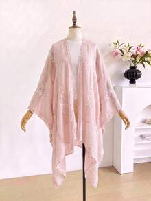 1pc Elegant Floral Embroidered Split Kimono/Sarong Shawl For Women, Bohemian Style Spring/Summer Beach Vacation Sun Protection Cover-Up, Decorative Embroidered Cardigan, Suitable For Daily Wear, Perfect Gift Choice - Pink - View 2