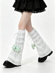 Japanese Style Summer Sweet Hot Girl Bow Flared White Thin Lace Ruffle Leg Warmers - White - View 3