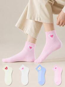 ZUJO 4 Pairs Women's Candy Color Short Socks, Heart Pattern, Suitable For Daily Wear, All Season, Simple And Comfortable, Random Colors - Multicolor - View 1