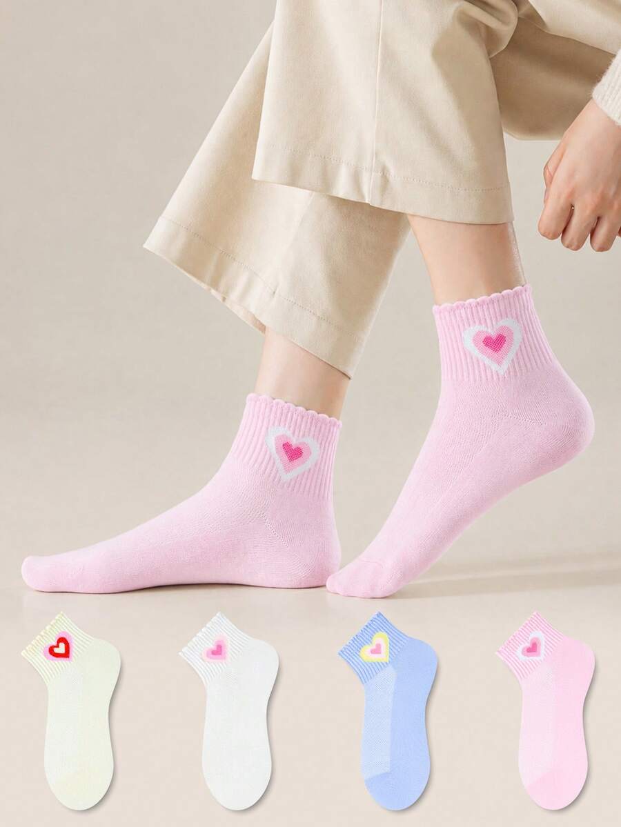 ZUJO 4 Pairs Women's Candy Color Short Socks, Heart Pattern, Suitable For Daily Wear, All Season, Simple And Comfortable, Random Colors - Multicolor - View 1