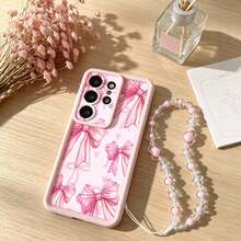 1pc Pink TPU Shockproof Protective Phone Case With Bow Pattern, Detachable Hand Strap And Bracelet Accessory, Perfect For Girls' Daily Use, Compatible With Galaxy S26/Galaxy A17/A57/ Y17S/ A3X And Honor 200/ And Other Android Series - Pink - View 2