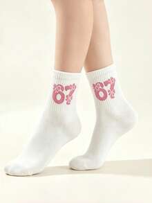 1/5/10 Pairs Women's New Cartoon Viral Number 67 Mid-Calf Socks, Cute Sweet Bowknot, Solid Color Casual Versatile, Suitable For All Seasons - Multicolor - View 4