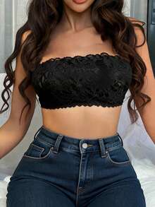 1pc Non-Slip Lace Fabric Back Cross Glitter Strap Bandeau Bra - Black - View 4
