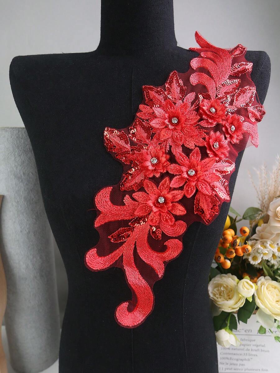 XDH2490 3D刺繡貼花附珠飾，適用婚紗、禮服、網紗蕾絲DIY表演服裝刺繡補丁/長度：39CM/寬度：16CM