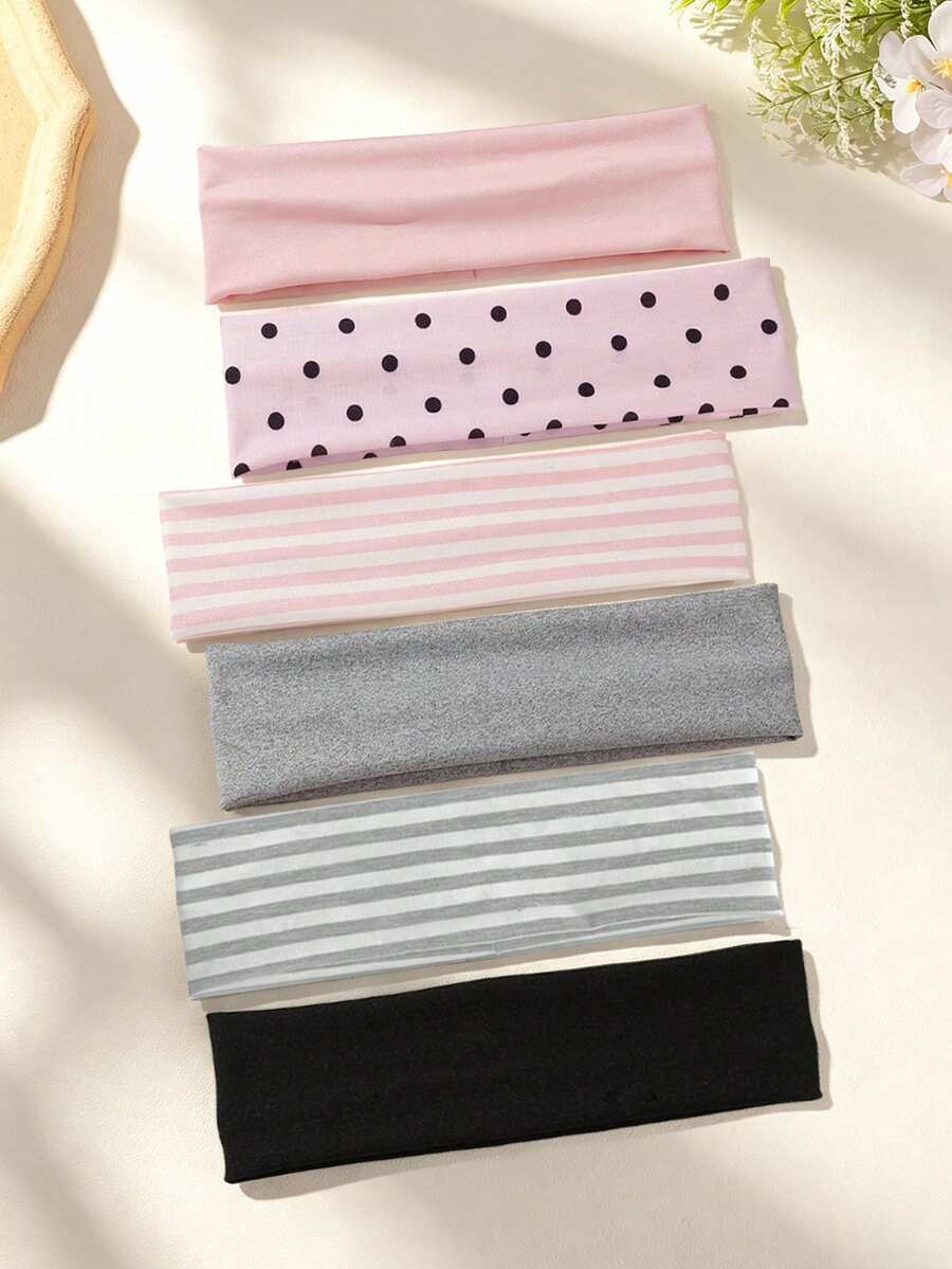 6入組復古波點條紋純色彈性女款髮箍，溫柔風日常穿搭瑜伽跑步休閒百搭髮飾 - 彩色 - 查看 1