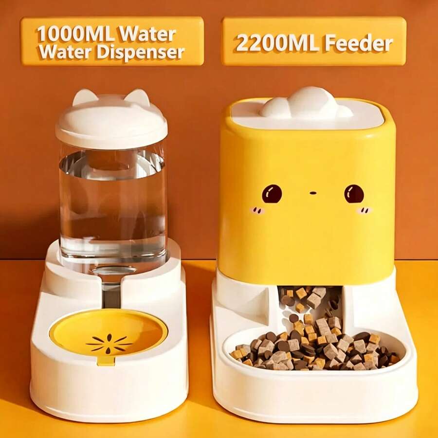 2-In-1 Automatic Pet Feeder And Water Dispenser Set, Independent Combination Design, Gravity-Fed Cat Food Feeder, Large Capacity Dog Food Water Station, Cute Cartoon Design Suitable For Kittens, Puppies And Small Pets - Large Capacity - View 1