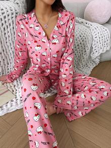 Noctvar OBM Sleepwear X Hello Kitty طقم بيجامة نسائي بطبعة هالو كيتي وردية لطيفة على كامل التصميم مع كارديجان بياقة، ملابس منزلية ناعمة ومريحة بأسلوب أنثوي، طقم من قطعتين - وردي - مشاهدة 1
