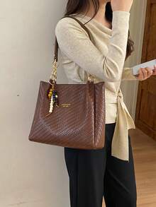 New Vintage-Style Chain-Detail Woven-Textured PU Shoulder Tote With Charms-Women's Large-Capacity Commuter Bag And Handbag - Brown - View 7