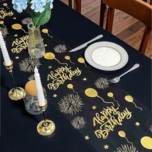 1件黑色&金色生日桌旗，金箔氣球與煙花圖案桌布，275*28cm 聚酯纖維桌布，生日快樂裝飾，1歲生日派對裝飾，生日慶祝用品，生日居家裝飾，廚房裝飾，桌面裝飾，新娘派對禮物，節日派對用品 - 黑金 - 查看 13