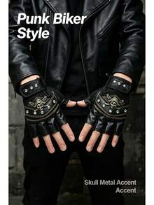 Pirate Skull Rivet Half-Finger Leather Gloves Unisex Couple Outdoor Gear Suitable For Hiking Cycling Driving Autumn Winter Sports Street Gathering Mot - Pirate Black - View 1