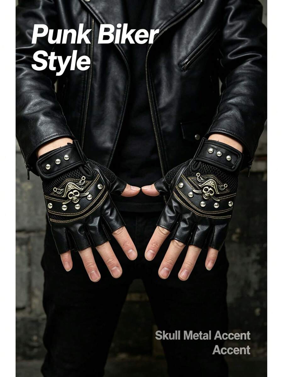 Pirate Skull Rivet Half-Finger Leather Gloves Unisex Couple Outdoor Gear Suitable For Hiking Cycling Driving Autumn Winter Sports Street Gathering Mot - Pirate Black - View 1