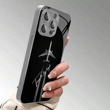 1pc Minimalist Cool Airplane English Pattern Glass Material Phone Case Compatible With IPhone - Silver - View 4