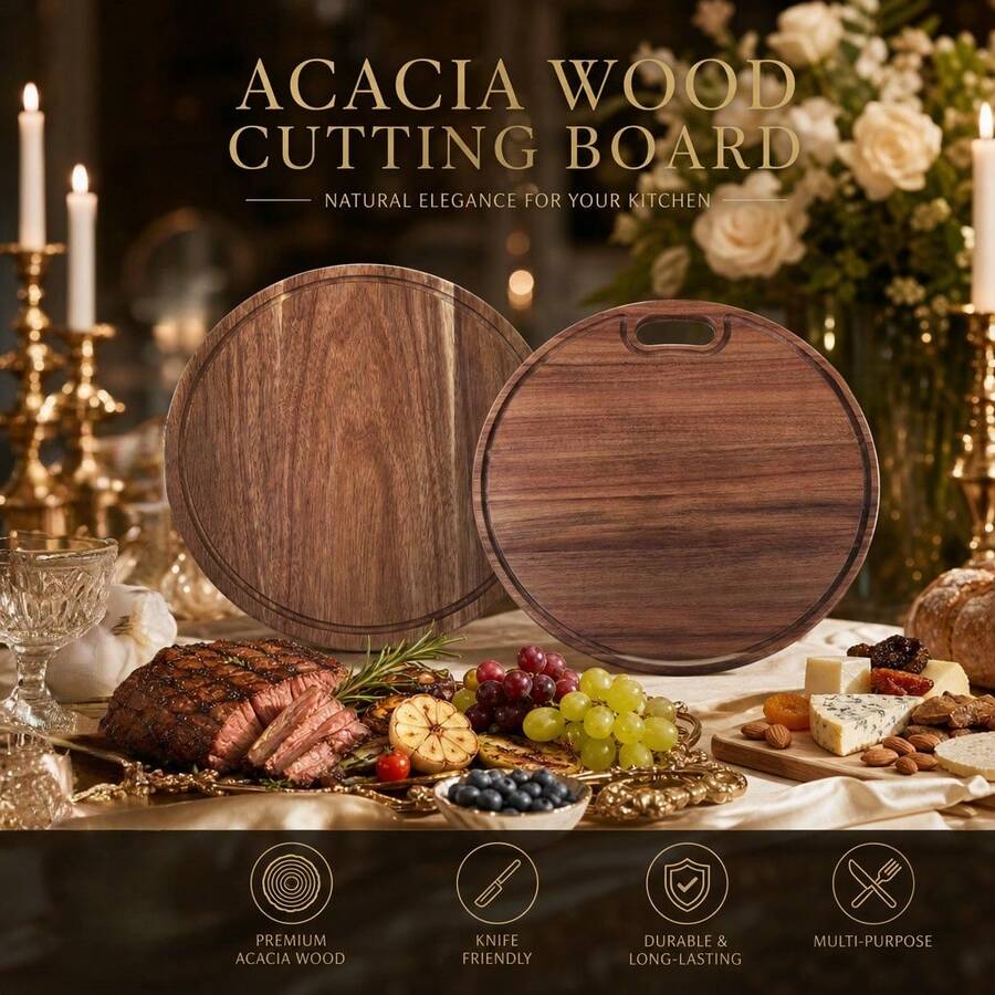 11.8 Inch Round Wooden Cutting Board, Natural Dark Brown Solid Chopping Block For Kitchen Meal Prep, Multi-Purpose Serving Platter For Cheese Appetizers & Snacks, Housewarming Gift For Cooking Lovers - Multicolor - View 1
