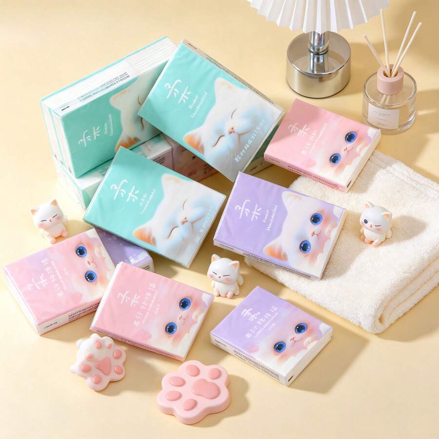 1/2/4/9 Packs New Cartoon Large Size Pattern Handkerchief Tissues,Gentle Kitten 3-Ply 8-Sheet Handkerchief Tissues, Portable Small Pack Tissues, Handkerchief Tissues, Student Pocket Tissues Back-To-School Essentials - Multi-color - View 1