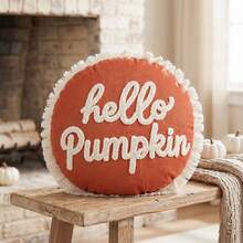 復古現代農舍風秋季「Hello Pumpkin」刺繡圓形抱枕套 43cm 米色與陶土色美學裝飾靠墊套 - 亮橙色 - 查看 6