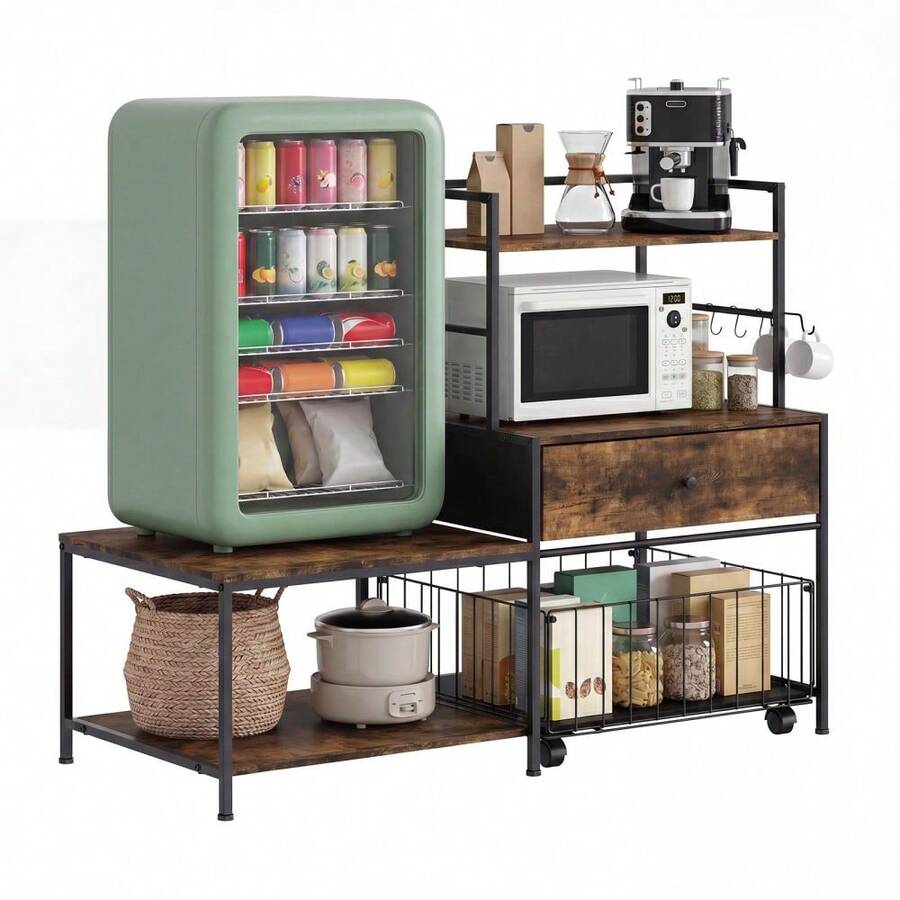 35.8 In Mini Fridge Stand With Storage - Heavy-Duty Metal Baker's Rack With Drawers, Microwave Shelf, Space-Saving Kitchen Organizer, Burn Color - Brown - View 1