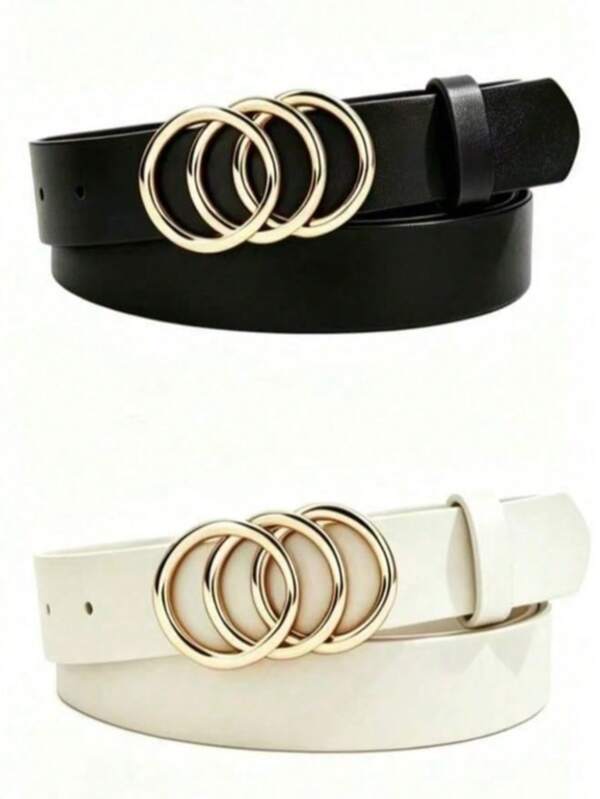 Women's 2pcs Belts PU Leather Cincher Plain Round Triple Ring Buckle Belt For Party Street Sexy Hot Girl
