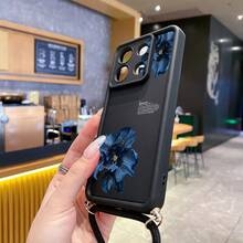 1pc Fashion Pure Android TPU Material Adjustable Lanyard + Blue Diagonal Floral Pattern Lens Protection Thick Anti-Fall Anti-Fingerprint Black Diamond Sand Phone Case Compatible With Samsung/Transsion/HONOR/ - Black - View 5