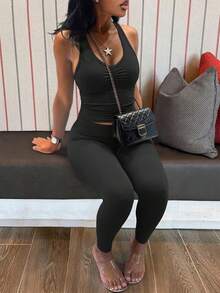 LovelyWholesale Women'S Casual V-Neck Ruched Bust Vest Top And Leggings Yoga Two Pieces Set Summer Outfits Four Season Clothes For Women Black Elegant - Black - View 2