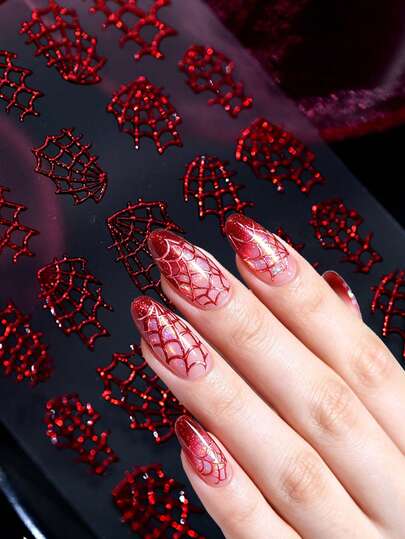 5D Holographic Red Spider Web Nail Decals, Sparkling Glitter Iridescent Spider Web Pattern Self-Adhesive Nail Stickers, Waterproof Ultra Thin Gothic Halloween Nail Decor For Manicure & Press On Nails Making