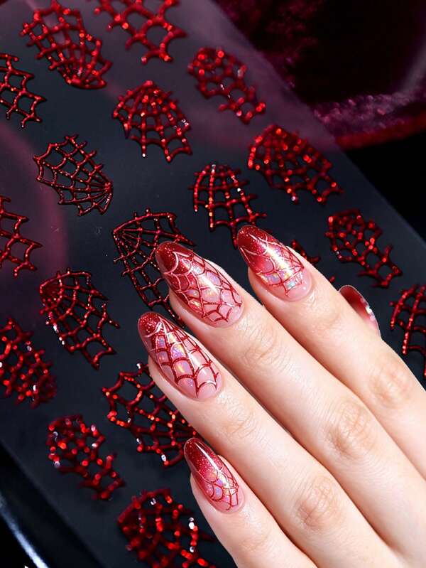 5D Holographic Red Spider Web Nail Decals, Sparkling Glitter Iridescent Spider Web Pattern Self-Adhesive Nail Stickers, Waterproof Ultra Thin Gothic Halloween Nail Decor For Manicure & Press On Nails Making