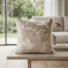 1pc Luxury Velvet Decorative Pillow Case With Tassels, Cream Hummingbird And Floral Embroidery Cushion Cover, Suitable For Sofa, Armchair, Aesthetic Room Decor - Khaki - View 8