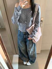 Polka Dot Knit Cardigan Women Spring Autumn New Asymmetrical Neck Slim Fit Sweater Slimming Long Sleeve Design Niche Asymmetrical Top - Grey - View 4
