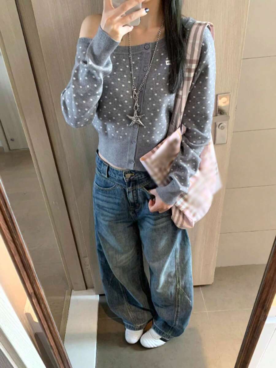女款波點針織開襟衫 春秋新款 不對稱領修身顯瘦長袖毛衣 小眾設計上衣 - 灰色 - 查看 1