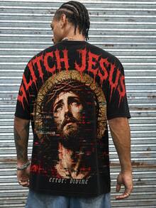 男士美式街頭風 Glitch 耶穌印花短袖哥德風深色寬鬆版型 T-shirt - 黑色 - 查看 2