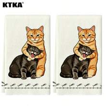 2pcs Cute Creative Cat Kitchen Dish Cloths, Hugging Kitten & Fish Bone Print Kitchen Cleaning Cloth Set, Perfect For Cat Lovers - Multicolor - View 9