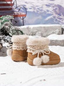 Girls Lace Bow Thermal Lined Snow Boots, Baby Warm Plush Ankle Boots - Brown - View 4