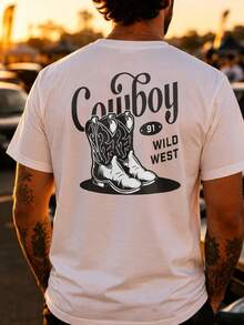 Men's Casual Western-Style T-Shirt With Cowboy Boots And Wild West Graphic Design, Outdoor Festival Summer Wear, Gift For Boyfriend Or Husband - White - View 2