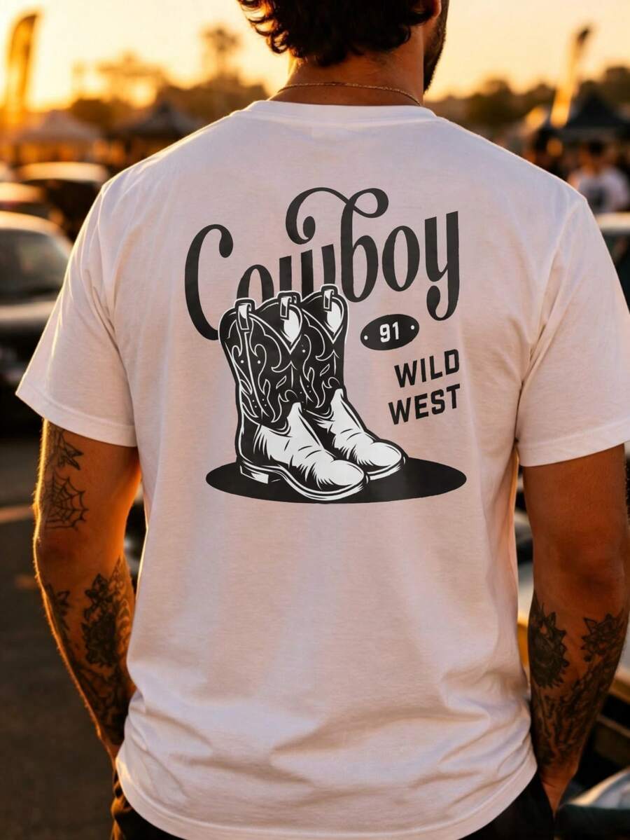 Men's Casual Western-Style T-Shirt With Cowboy Boots And Wild West Graphic Design, Outdoor Festival Summer Wear, Gift For Boyfriend Or Husband