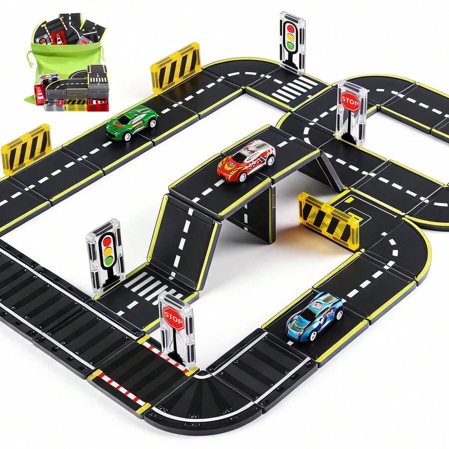 28/54件磁力積木玩具 磁力片道路軌道附小車 STEM 教育創意建築玩具 適合 3-12 歲兒童 隨機顏色 男孩女孩生日禮物 萬聖節禮物 聖誕生日禮物