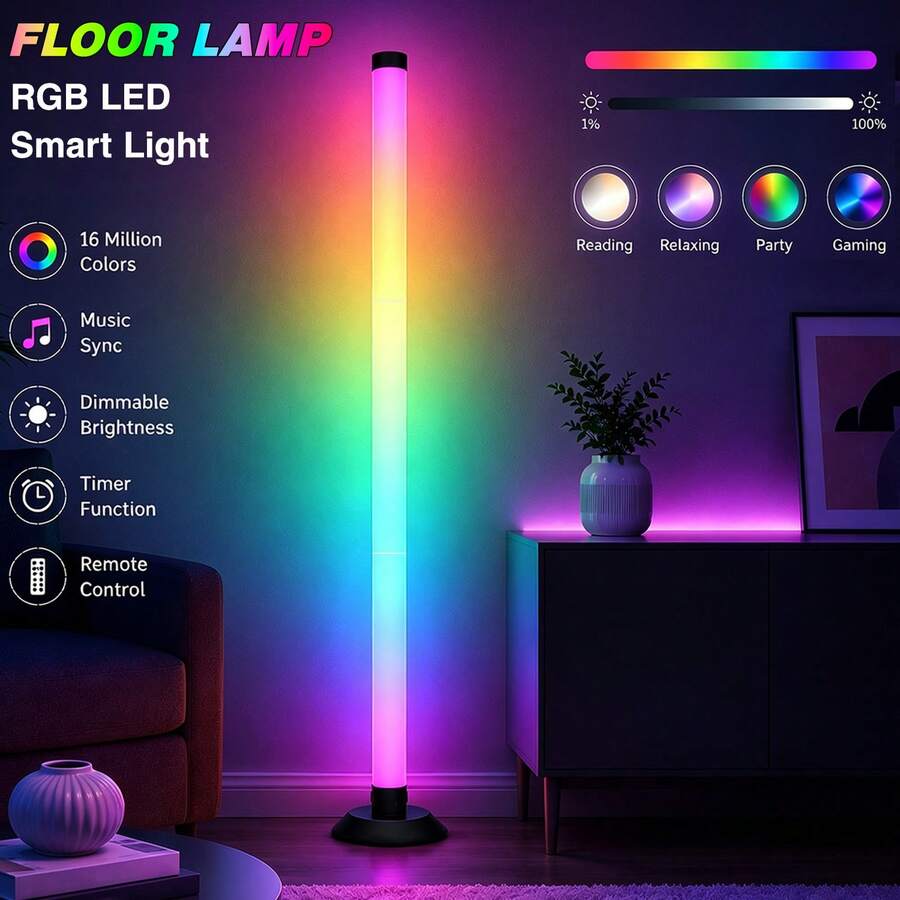 RGB 轉角落地燈，智能 LED 立燈，附 APP 與遙控器，音樂同步、定時與可調光變色氛圍燈，適用臥室、客廳、遊戲室與居家裝飾