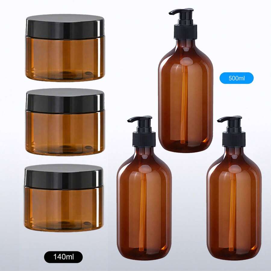 300/500ml Brown Light-Proof Pump Dispenser Bottles, Refillable Travel Storage Bottles For Lotion, Cleaning Liquid; 100/140ml Wide-Mouth Plastic Cream Jars, Suitable For Body Lotion, Bath Salts, Hair Cream And Massage Cream