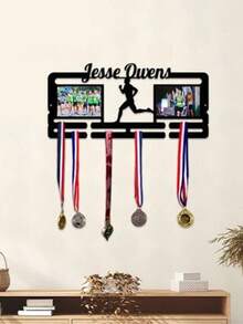 1 buah Rak Pajangan Medali Foto Personalisasi - Tempat Medali Logam dengan Nama Kustom dan Bingkai Foto untuk Atlet, Penghargaan Olahraga, Pelari, Penggemar Sepak Bola, Pajangan Medali yang Dipasang di Dinding, Rak Medali dengan Pola Teks Foto Kustom, Perlengkapan Penghargaan Kustom, Dekorasi Ruang Tamu dan Kamar Tidur, Dekorasi Rumah - Hitam - View 3