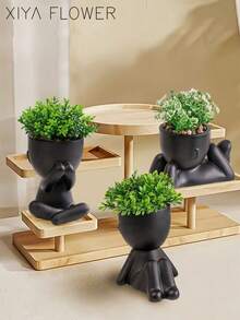 1/3pcs Artificial Succulent Plants, Single Small Human-Shaped Succulent Potted Plant, 3 Styles Available, Black Pot, Cartoon Design, PP Material, PE Material, Green, Desktop Decoration, Home Decor, Garden Decoration, School, Valentine's Day Gift, Dorm, Office Decoration - Black - View 5