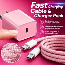 Kit Pengisian Cepat Dinding 20W Adaptor Pengisian USB-C ke Type-C, Dengan Kabel Pengisian Anti-Kusut Jalinan Nilon Sepanjang 3,3 Kaki/100cm, Kompatibel dengan Kit Pengisian Portabel 17 16 15 Pro Max Plus - Merah Muda - Steker Tipe AS A (110-127V) - View 2