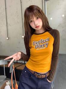 Kaos Wanita Lengan Panjang Bahu Persegi Motif Blok Warna, Atasan Slim Fit Pendek dengan Desain Cetak - Kuning - View 5