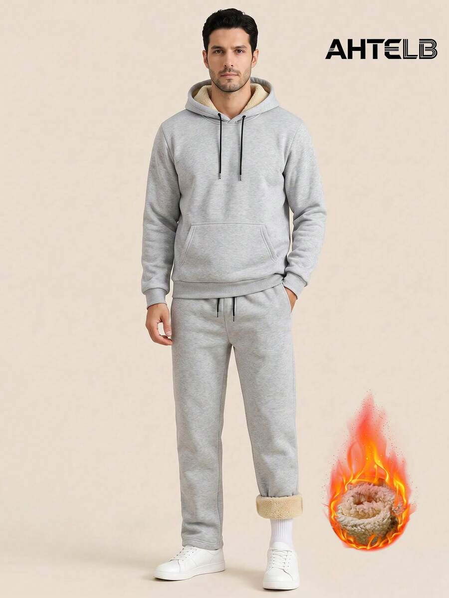 AHTELB Men's Autumn/Winter Fleece Hooded Sweatshirt Set, Casual Fashion Versatile Thermal Lined Warm 2 Pieces Set Sports - Grey - View 1