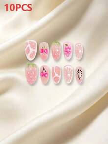10pcs Medium Almond-Shaped Press-On Nail Set, Cute 3D Pink Fruit Strawberry, Cherry, Grape, Lemon And Water Drop Fake Nails, Japanese Sweet Summer Style, Suitable For Women And Girls Beach Vacation Outfit - Multicolor - View 7